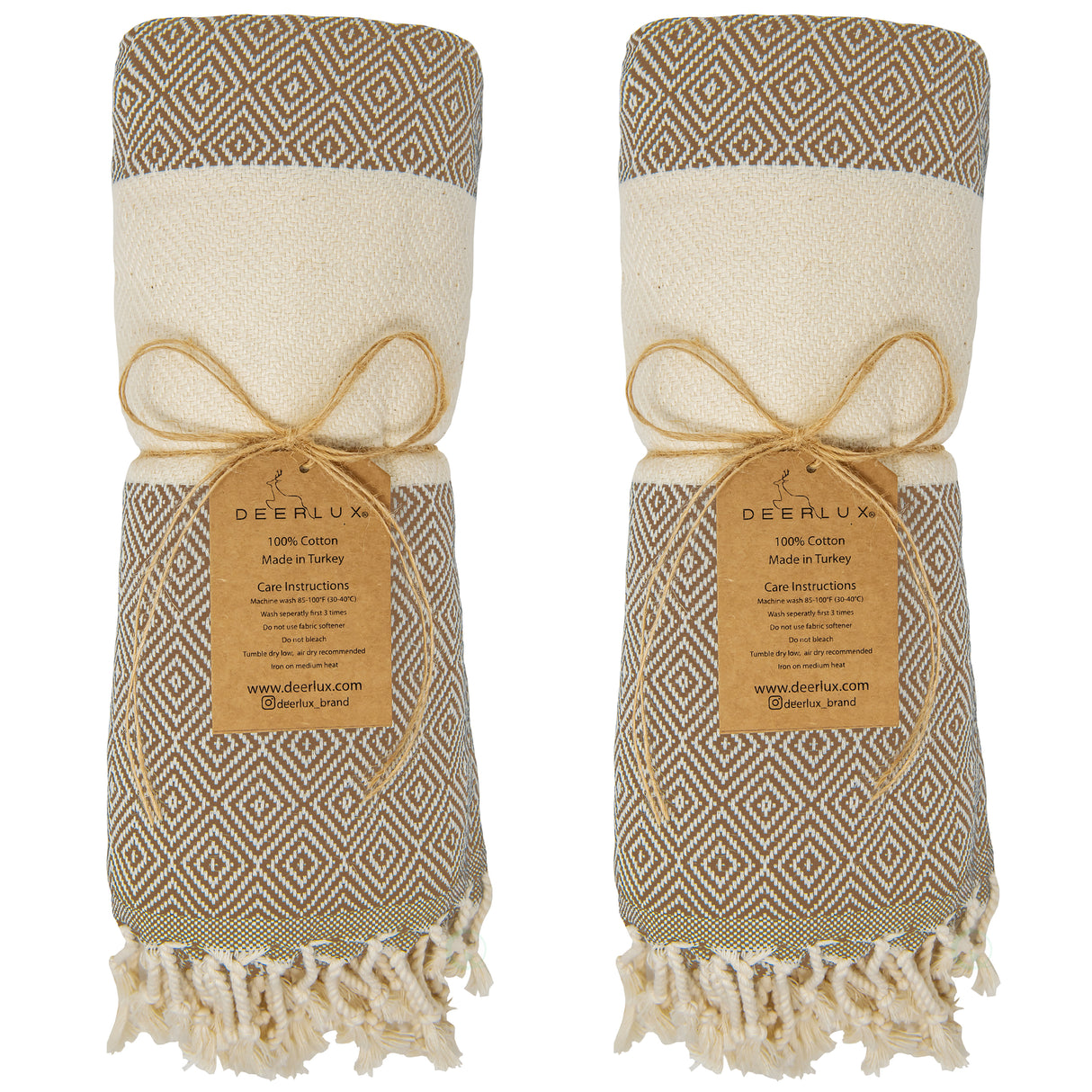 Deerlux 100% Cotton Turkish Bath Towel, 40" x 70" Diamond Peshtemal Set of 2, Beige - LEHADAR