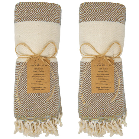 Deerlux 100% Cotton Turkish Bath Towel, 40" x 70" Diamond Peshtemal Set of 2, Beige - LEHADAR