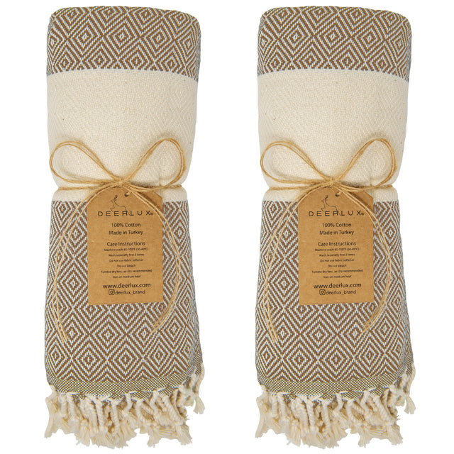 Deerlux 100% Cotton Turkish Bath Towel, 40" x 70" Diamond Peshtemal Set of 2, Beige - LEHADAR