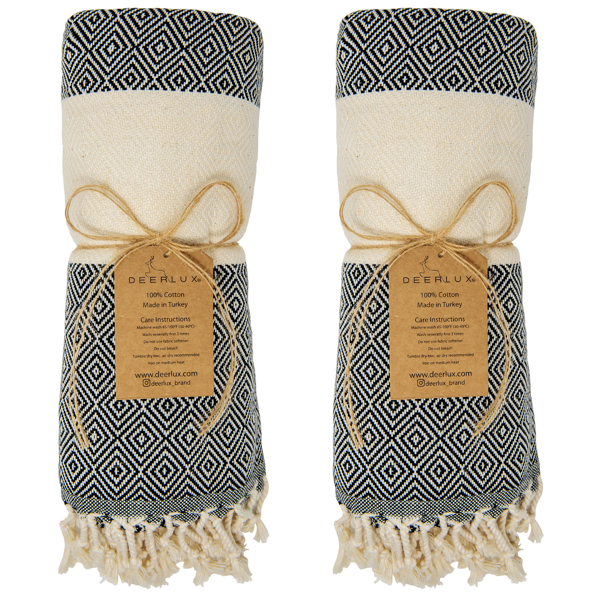 Deerlux 100% Cotton Turkish Bath Towel, 40" x 70" Diamond Peshtemal Set of 2, Black - LEHADAR