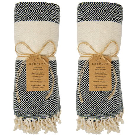 Deerlux 100% Cotton Turkish Bath Towel, 40" x 70" Diamond Peshtemal Set of 2, Black - LEHADAR