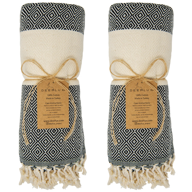 Deerlux 100% Cotton Turkish Bath Towel, 40" x 70" Diamond Peshtemal Set of 2, Black - LEHADAR