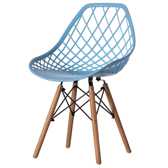 Mid-Century Modern Style Plastic DSW Shell Dining Chair with Lattice Back and Wooden Dowel Eiffel Legs, Blue - LEHADAR