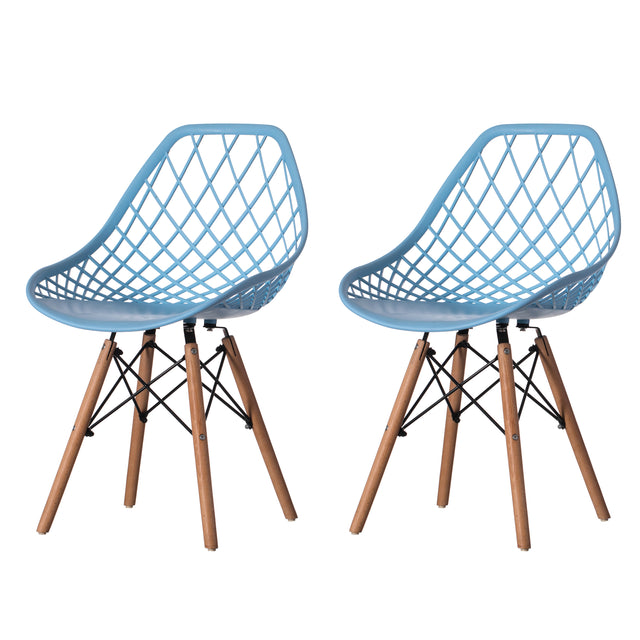 Mid-Century Modern Style Plastic DSW Shell Dining Chair with Lattice Back and Wooden Dowel Eiffel Legs, Blue Set of 2 - LEHADAR