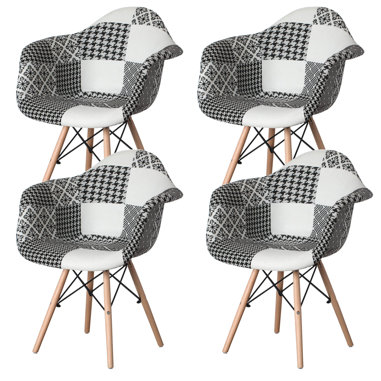 Mid-Century Modern Style Fabric Lined Armchair with Beech Wooden Legs, Black and White Set 4 - LEHADAR