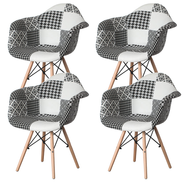 Mid-Century Modern Style Fabric Lined Armchair with Beech Wooden Legs, Black and White Set 4 - LEHADAR