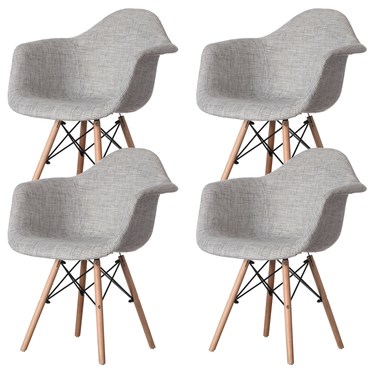 Mid-Century Modern Style Fabric Lined Armchair with Beech Wooden Legs, Grey Set 4 - LEHADAR