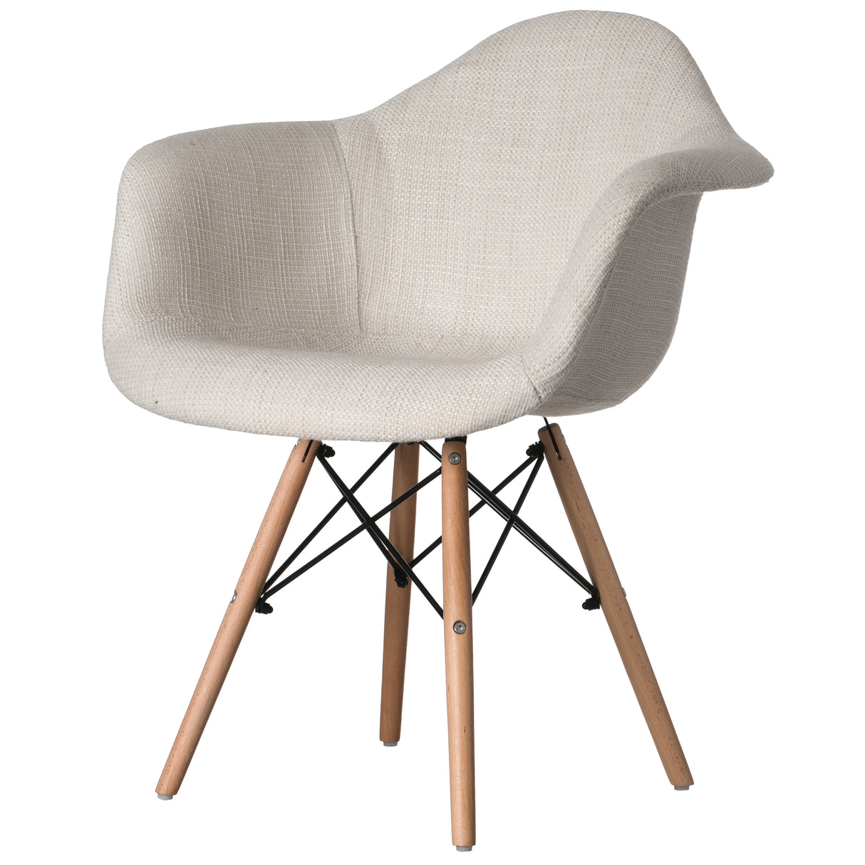 Mid-Century Modern Style Fabric Lined Armchair with Beech Wooden Legs, White - LEHADAR
