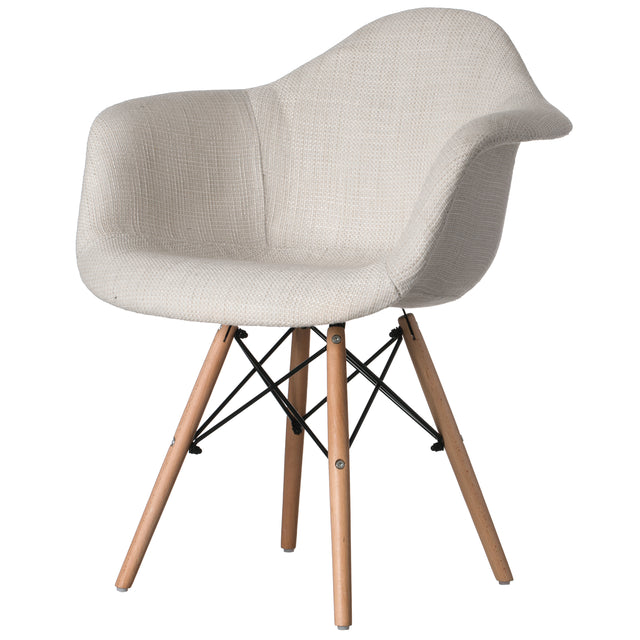Mid-Century Modern Style Fabric Lined Armchair with Beech Wooden Legs, White - LEHADAR