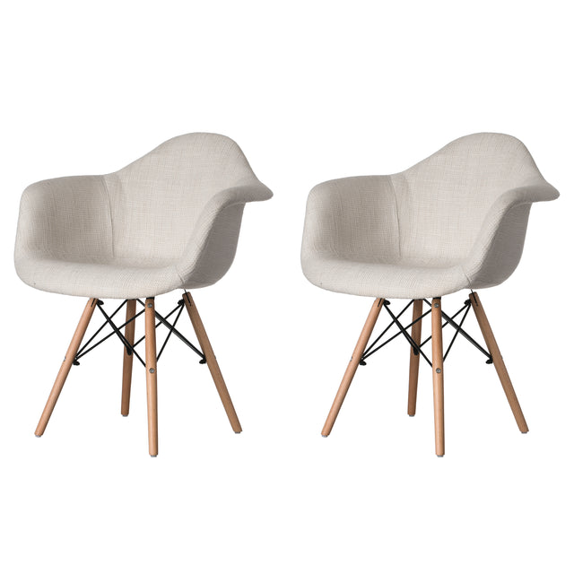 Mid-Century Modern Style Fabric Lined Armchair with Beech Wooden Legs, White Set 2 - LEHADAR