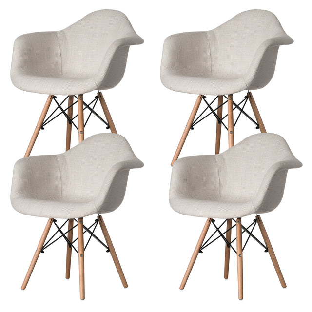 Mid-Century Modern Style Fabric Lined Armchair with Beech Wooden Legs, White Set of 4 - LEHADAR