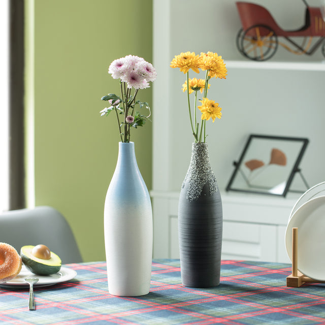 Modern Decorative Ceramic Table Vase Ripped Design Bottle Shape Flower Holder, Set of 2 - LEHADAR