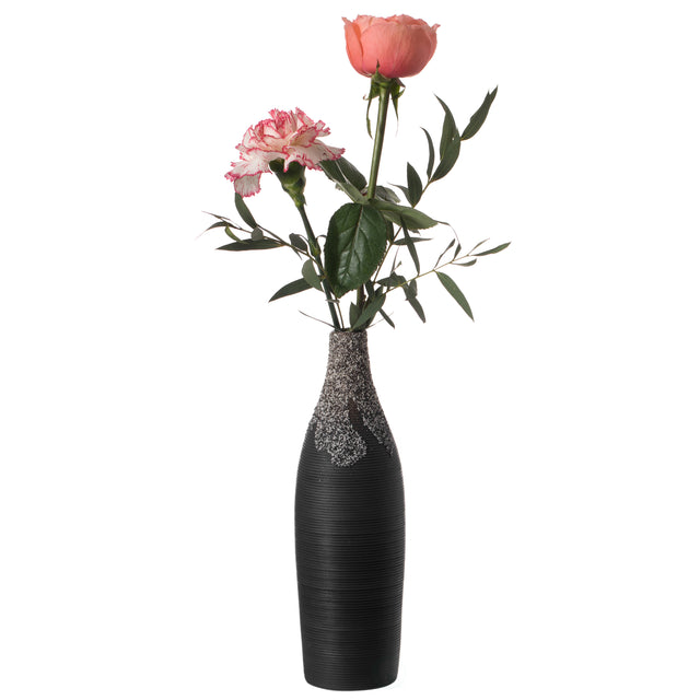 9 Inch Modern Decorative Ceramic Table Vase Ripped Design Bottle Shape Flower Holder, Black - LEHADAR