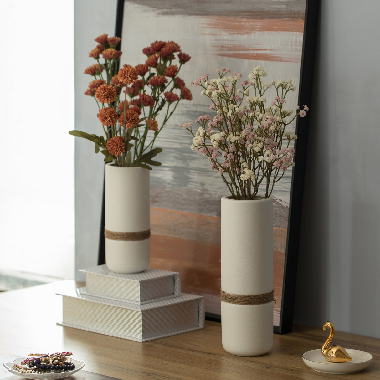 Decorative Modern Ceramic Cylinder Shape Table Vase Flower Holder with Rope, White Set of 2 - LEHADAR