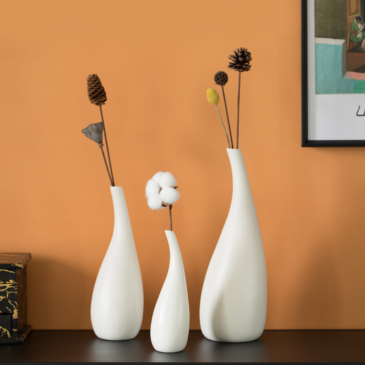 White Contemporary Unique Teardrop Shaped Ceramic Table Vase Flower Holder, Set of 3 - LEHADAR