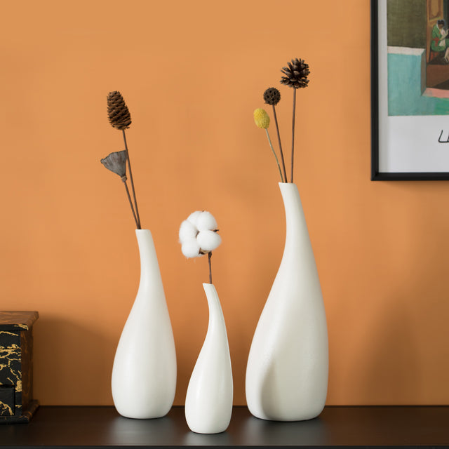 White Contemporary Unique Teardrop Shaped Ceramic Table Vase Flower Holder, Set of 3 - LEHADAR