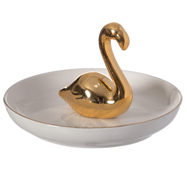 Modern Ceramic Trinket Dish Accent Plate Jewelry Holder White Plate and Gold Swan Valentines Day Gifts - LEHADAR