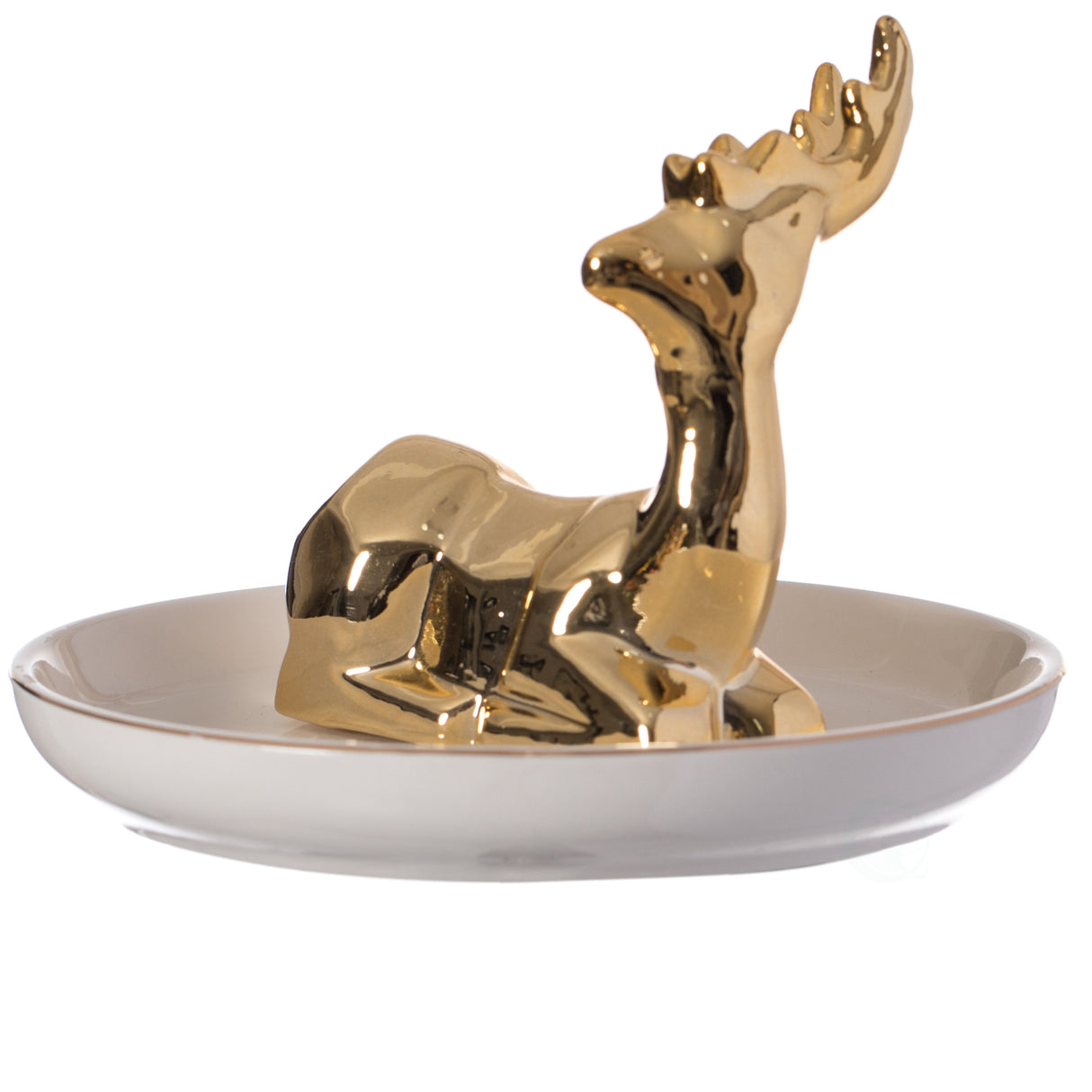 Modern Ceramic Trinket Dish Accent Plate Jewelry Holder White Plate and Gold Deer - LEHADAR