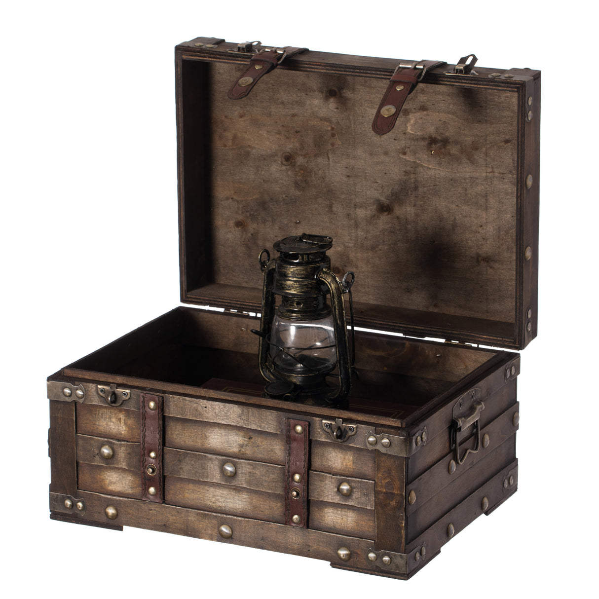 Wooden Brown Storage Trunk with Faux Leather Straps and Handles, Small - LEHADAR