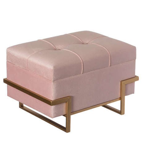 Large Tufted Minimalist Rectangular Velvet Storage Ottoman with Gold Metal Legs, Pink - LEHADAR