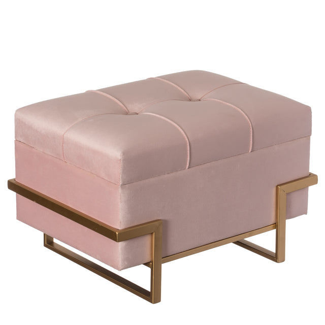 Large Tufted Minimalist Rectangular Velvet Storage Ottoman with Gold Metal Legs, Pink - LEHADAR