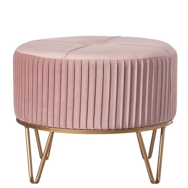 Round Velvet Ottoman Stool Raised with Hairpin Gold Base, Pink, Medium - LEHADAR