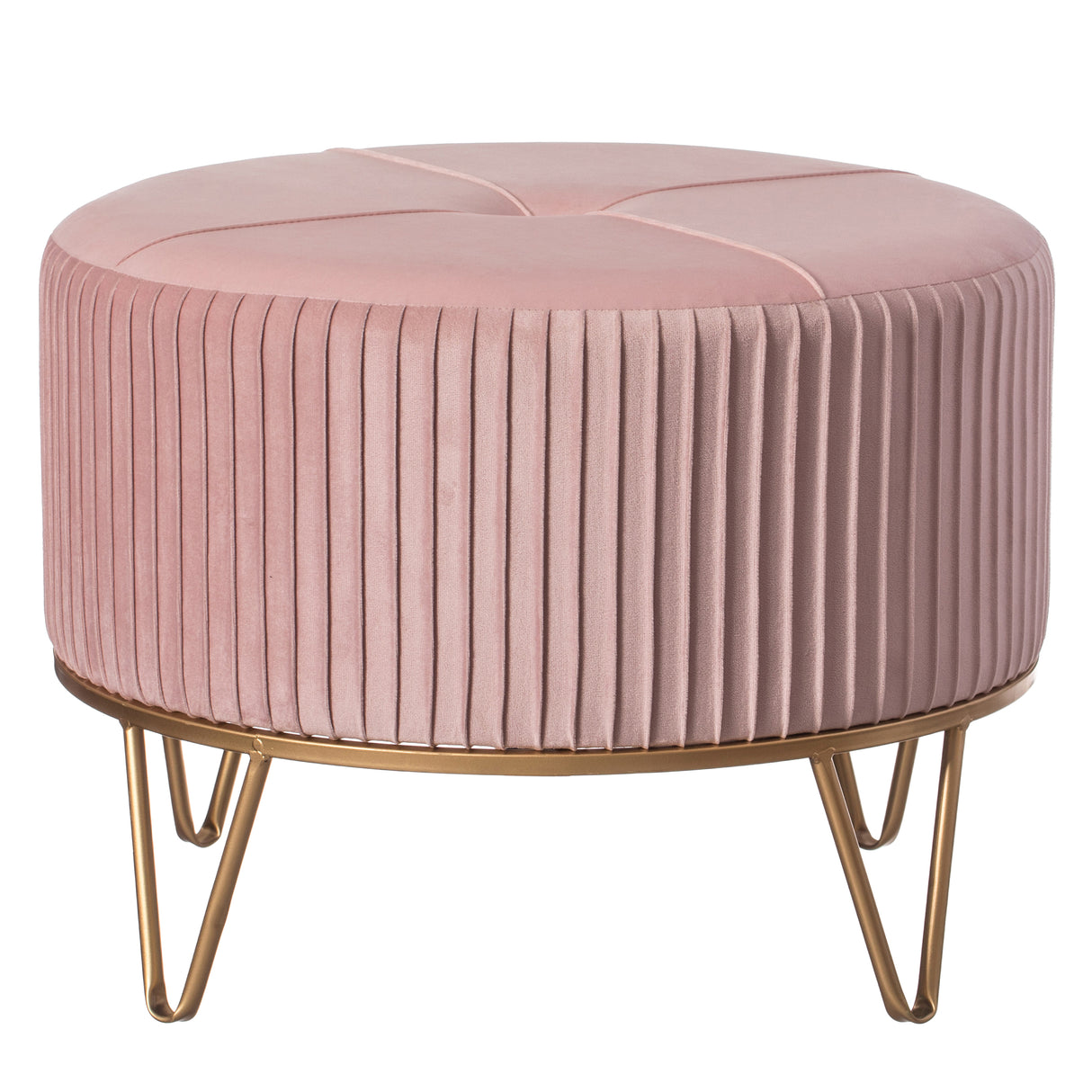 Round Velvet Ottoman Stool Raised with Hairpin Gold Base, Pink, Large - LEHADAR