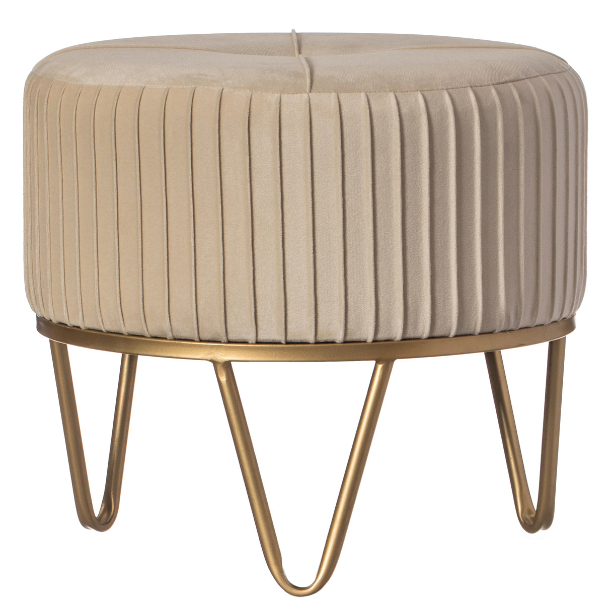 Round Velvet Ottoman Stool Raised with Hairpin Gold Base, Cream, Small - LEHADAR