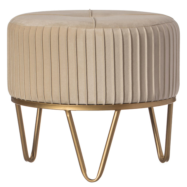 Round Velvet Ottoman Stool Raised with Hairpin Gold Base, Cream, Small - LEHADAR