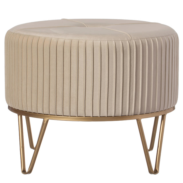 Round Velvet Ottoman Stool Raised with Hairpin Gold Base, Cream, Medium - LEHADAR