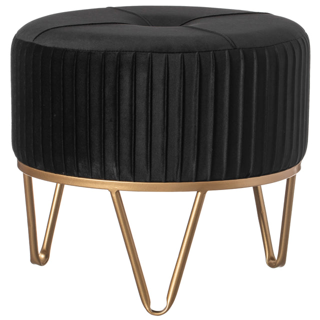 Round Velvet Ottoman Stool Raised with Hairpin Gold Base, Black, Small - LEHADAR