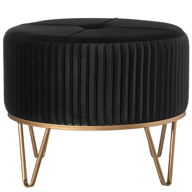 Round Velvet Ottoman Stool Raised with Hairpin Gold Base, Black, Medium - LEHADAR