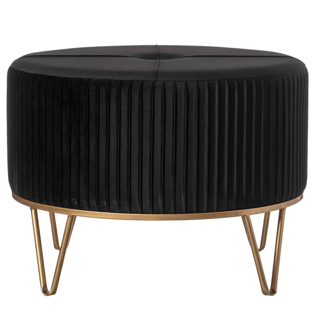 Round Velvet Ottoman Stool Raised with Hairpin Gold Base, Black, Large - LEHADAR