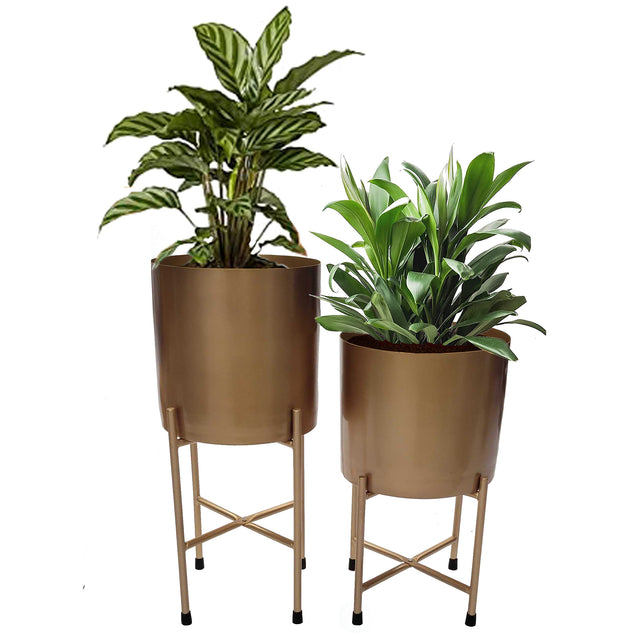 Set of 2 Decorative Modern Gold Metal Cylinder Floor Flower Planter Holders with Stand, 22" and 18" Tall, Perfect for your Entryway, Living Room, or Dining Room - LEHADAR
