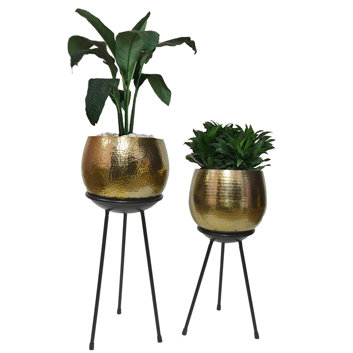 Set of 2 Contemporary Gold Hammered Metal Floor Flower Planter Holder with Black Stand 28.75" and 22" High, for your Entryway, Living Room, or Dining Room - LEHADAR