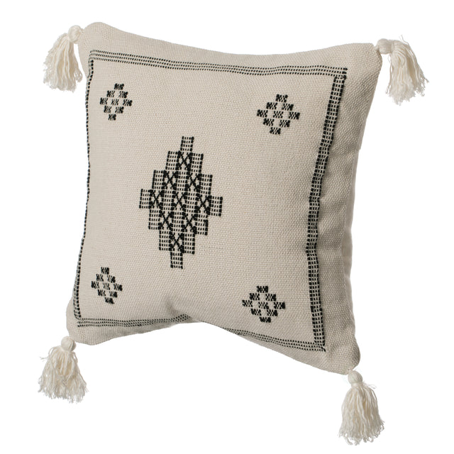 16" Throw Pillow Cover with Southwest Tribal Pattern and Corner Tassels, Black & White - LEHADAR