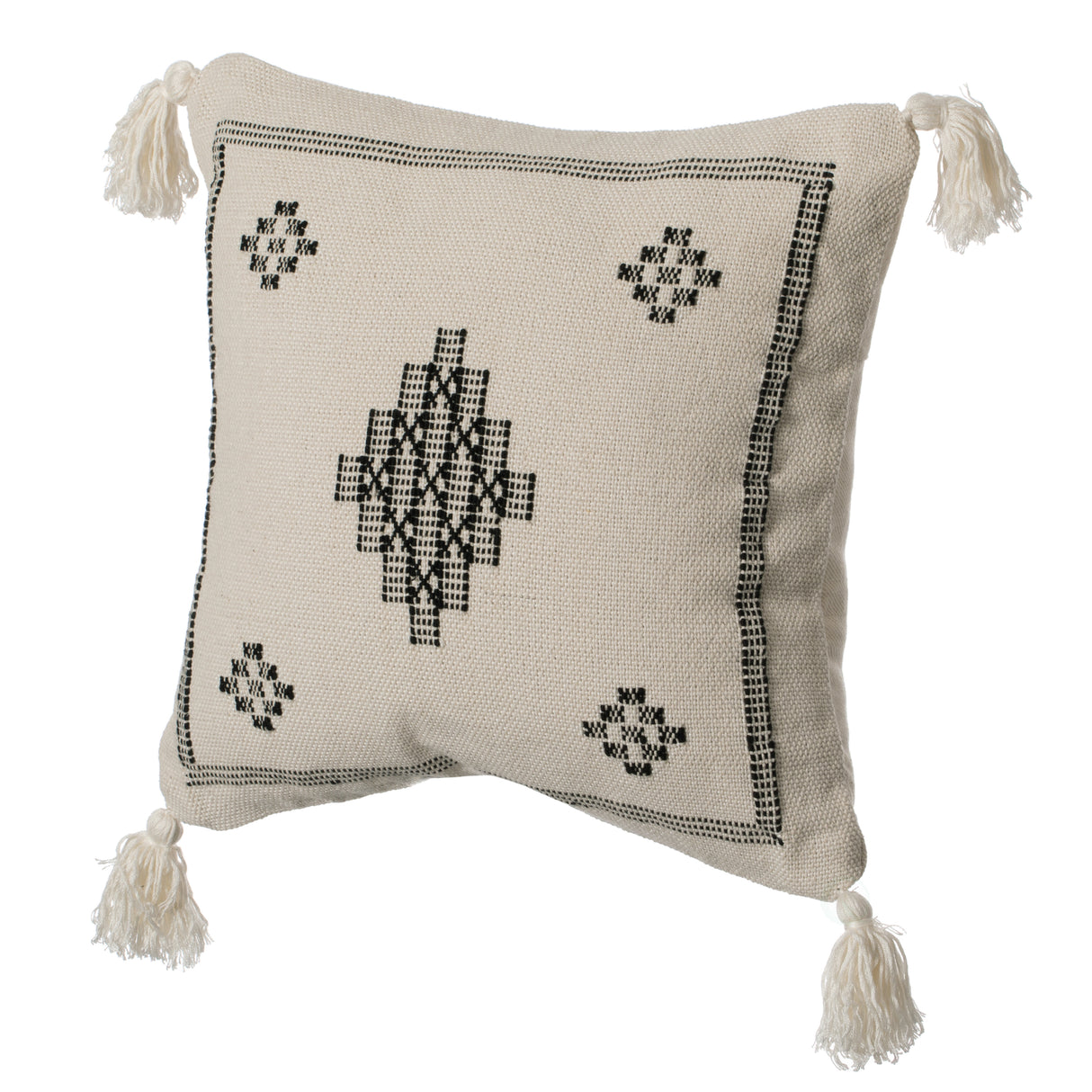 16" Throw Pillow Cover with Southwest Tribal Pattern and Corner Tassels with Filler, Black & White - LEHADAR