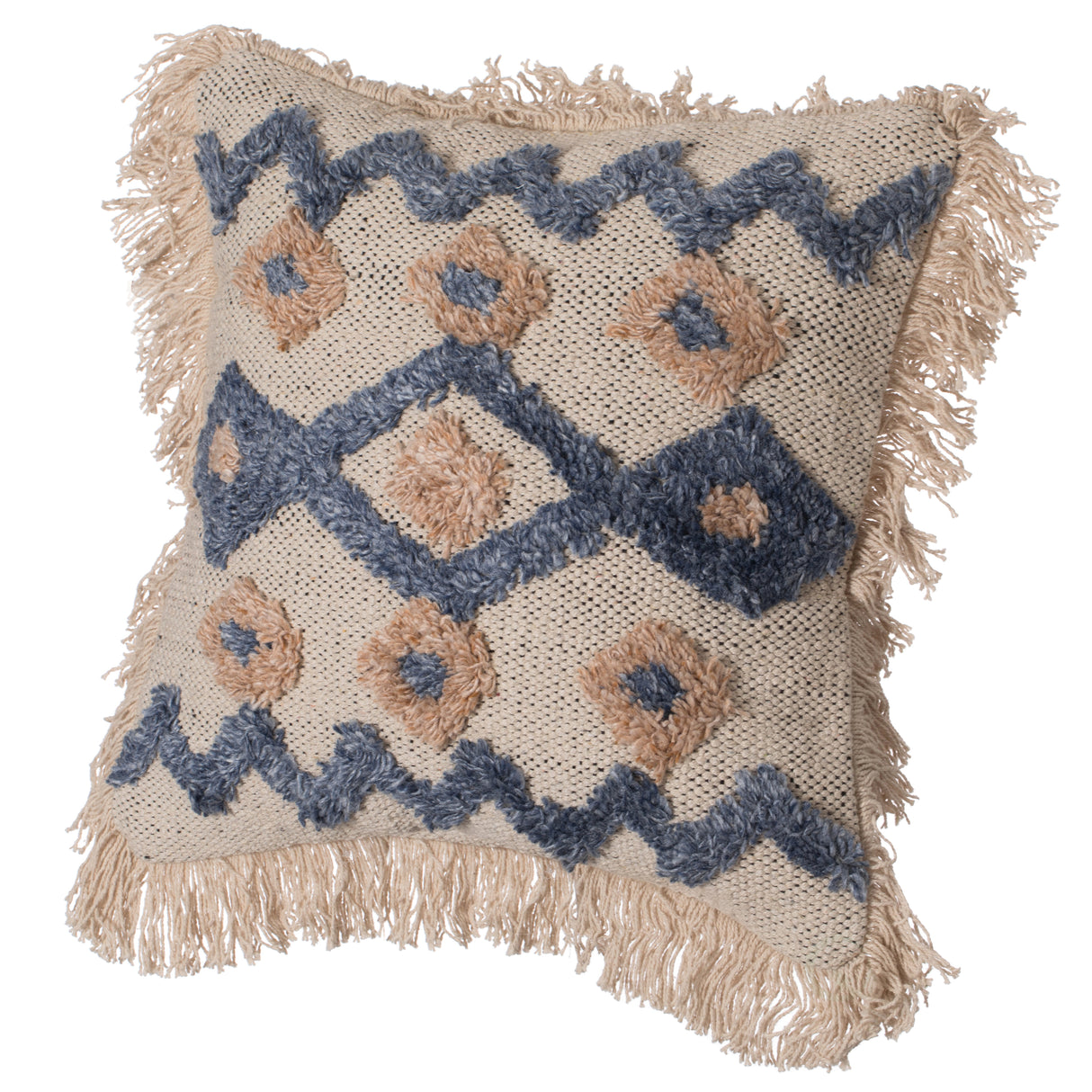 16" Handwoven Cotton & Silk Throw Pillow Cover with Embossed Zig Zag, Blue & Beige - LEHADAR