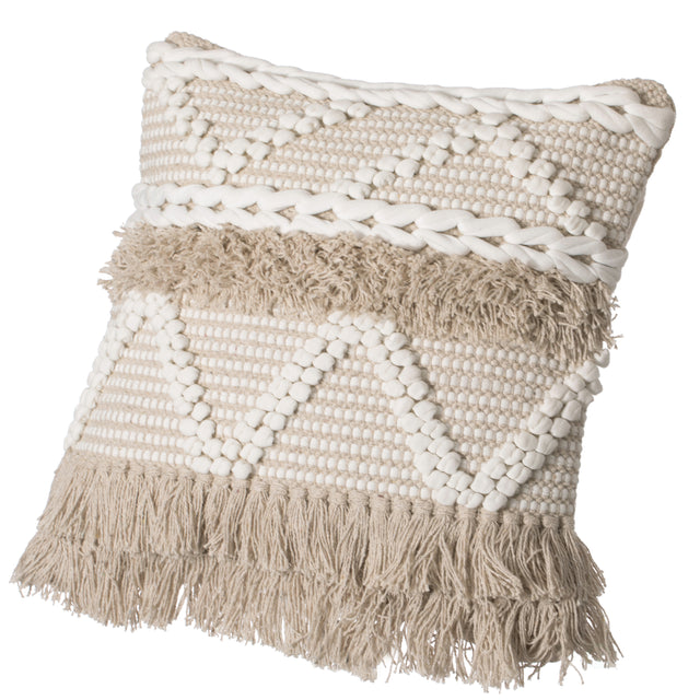 16" Handwoven Cotton Throw Pillow Cover with White Dot Pattern and Natural Tassel Fringe Lines, Natural - LEHADAR