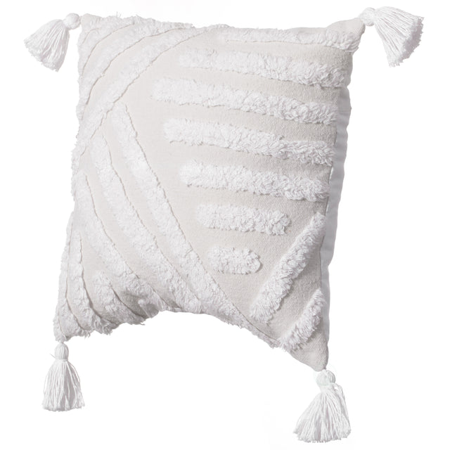 16" Handwoven Cotton Throw Pillow Cover with White Tufted Line Pattern and Tassel Corners, White - LEHADAR