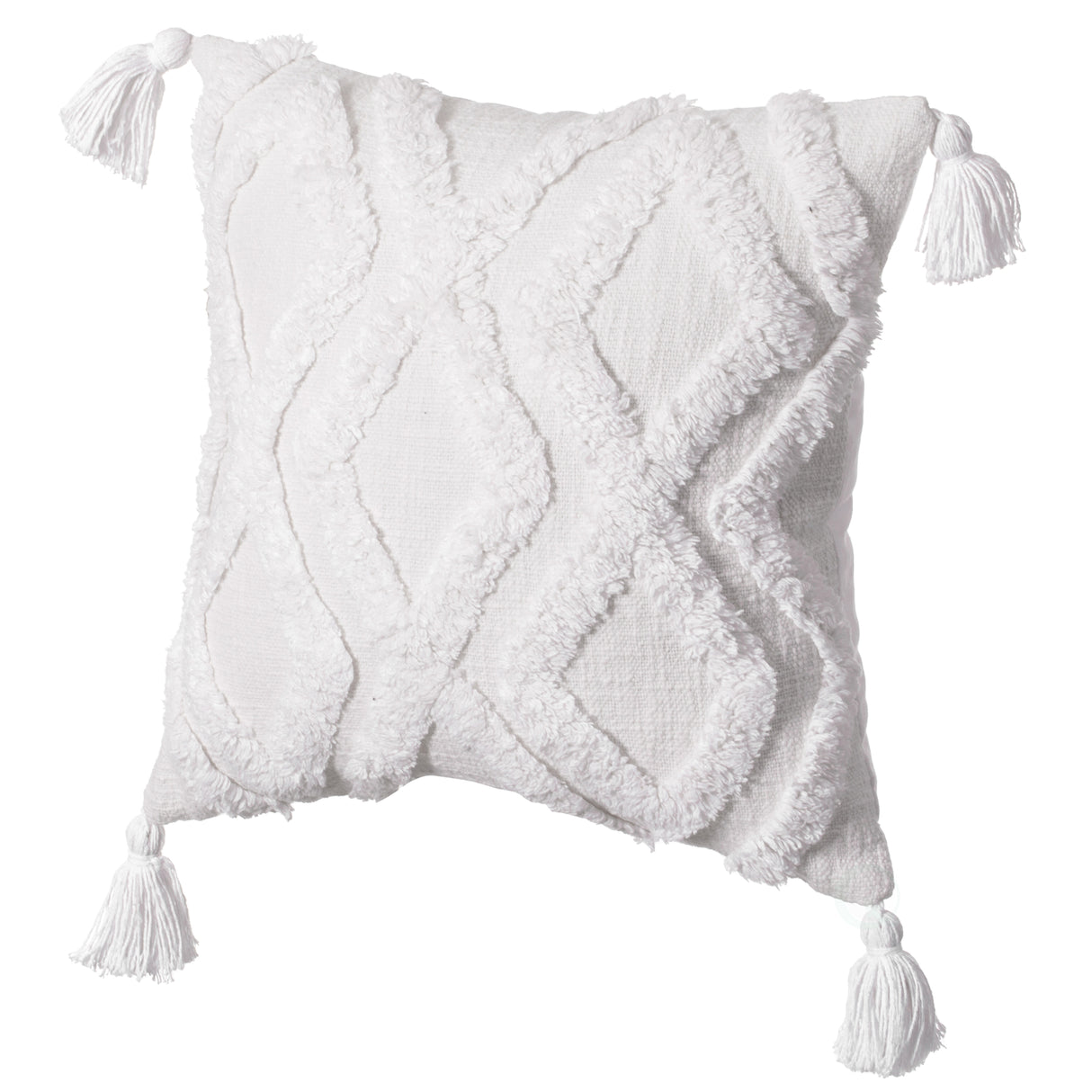 16" Handwoven Cotton Throw Pillow Cover with Large White Tufted Diamond Pattern and Tassel Corners, White - LEHADAR
