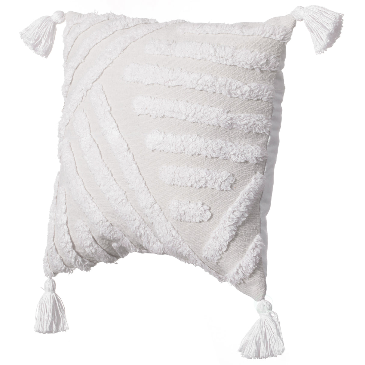 16" Handwoven Cotton Throw Pillow Cover with White Tufted Line Pattern and Tassel Corners with Filler, White - LEHADAR