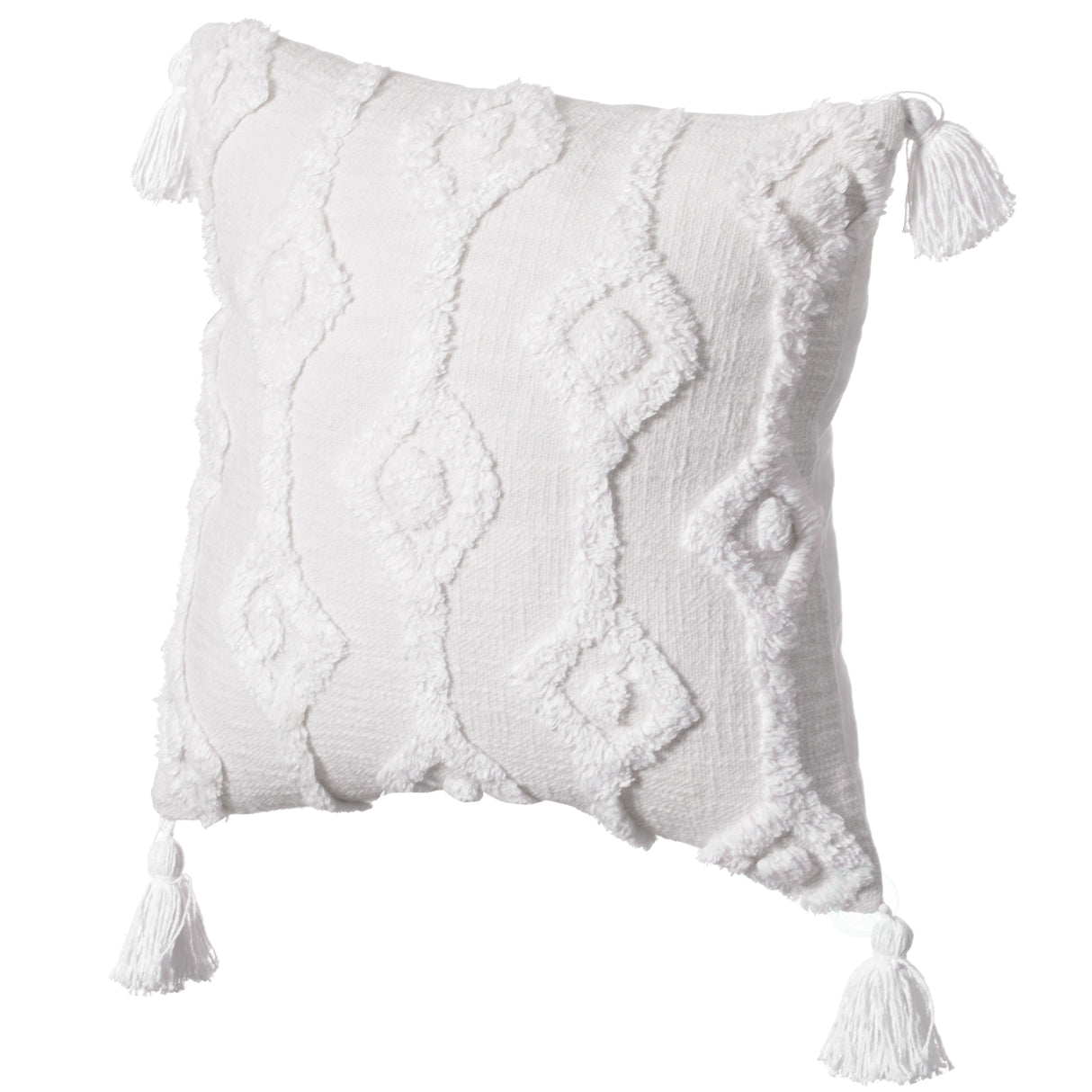 16" Handwoven Cotton Throw Pillow Cover with Small White Tufted Diamond Pattern and Tassel Corners, White - LEHADAR