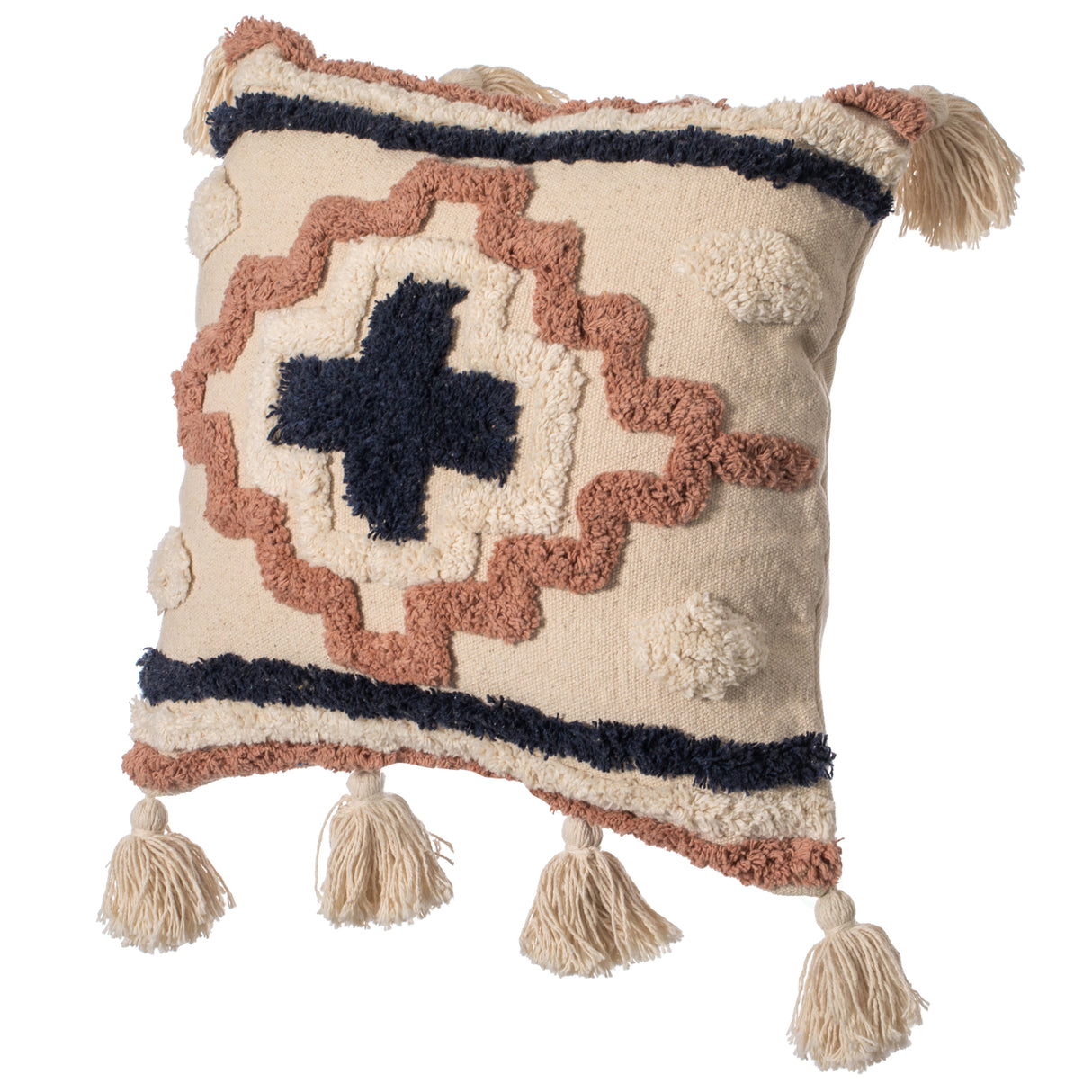 16" Handwoven Cotton Throw Pillow Cover with Tufted Border Pattern and Side Tassels with Filler, Multicolor - LEHADAR