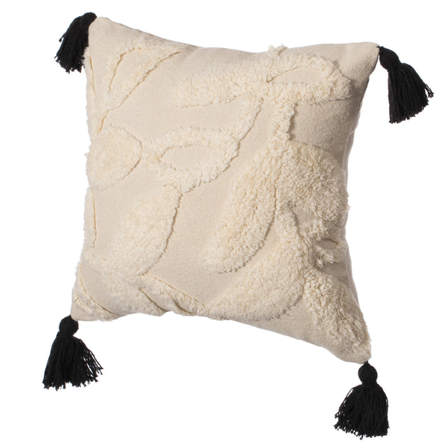 16" Handwoven Cotton Throw Pillow Cover with White Tufted Stem Pattern and Black Tassel Corners, White - LEHADAR