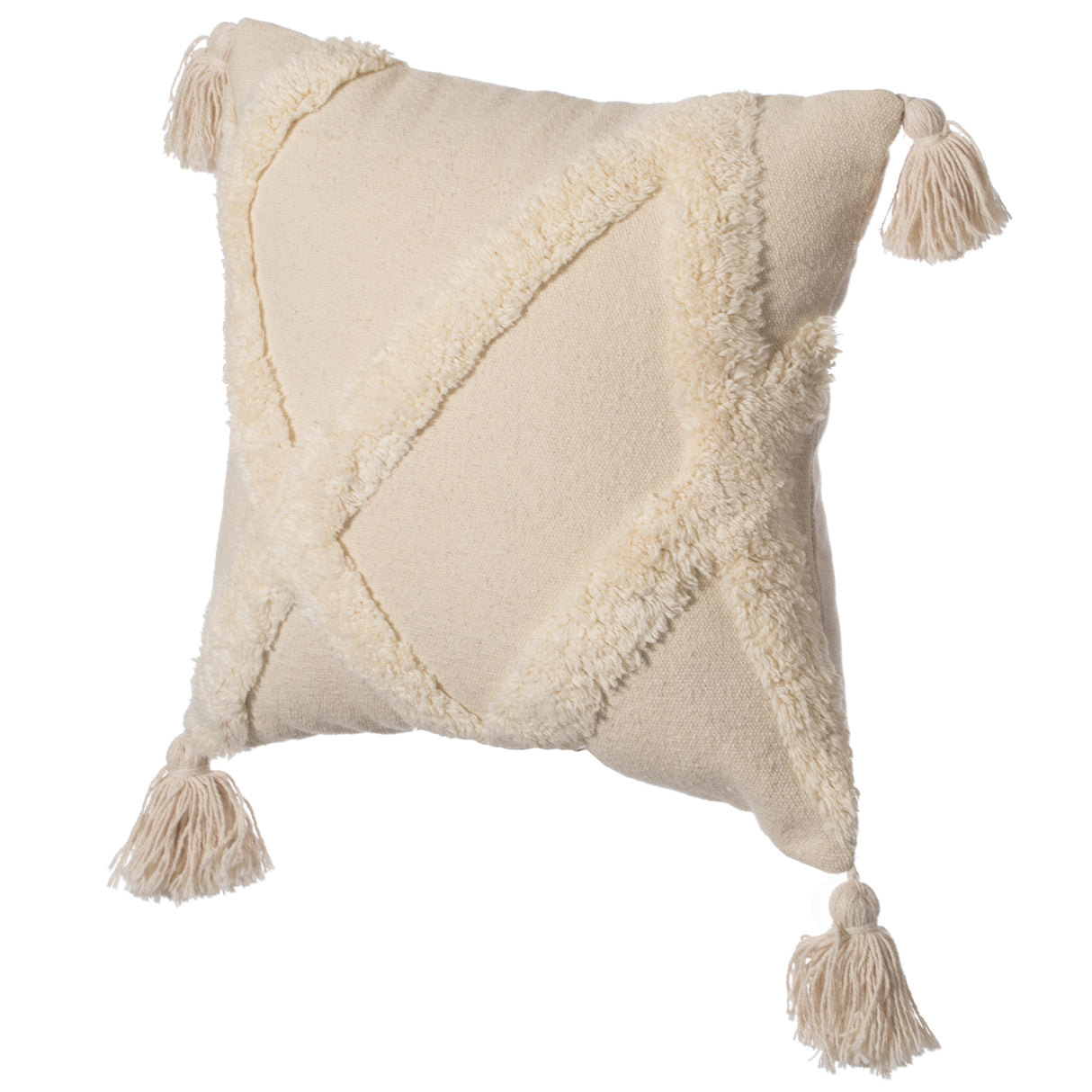 16" Handwoven Cotton Throw Pillow Cover with White Tufted Large Lattice Pattern and Tassel Corners with Filler, White - LEHADAR