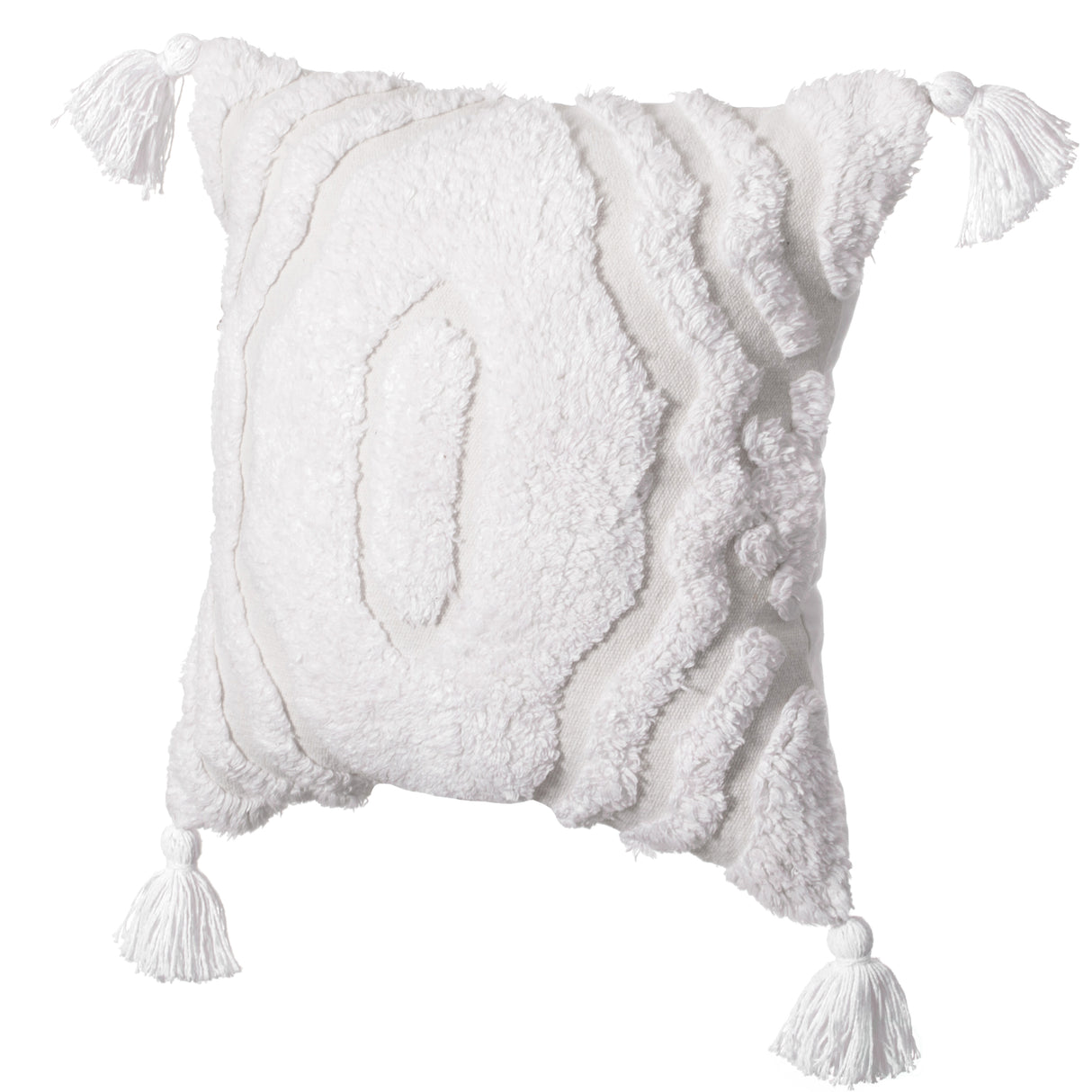 16" Handwoven Cotton Throw Pillow Cover with White Ikat Pattern and Tassel Corners with Filler, White - LEHADAR