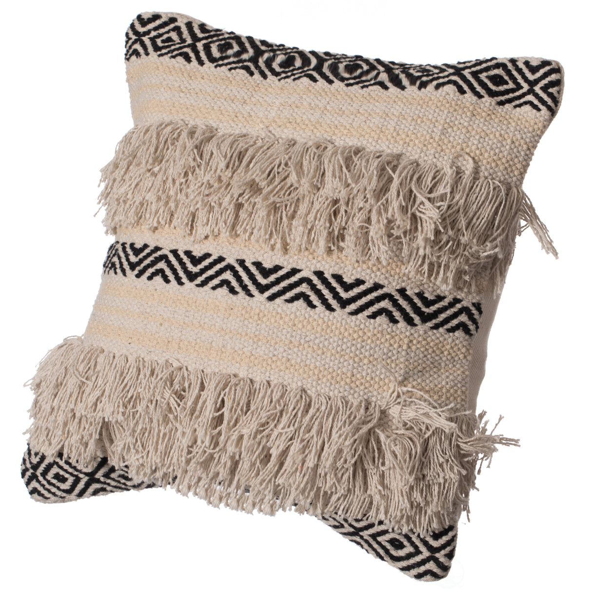 16" Handwoven Cotton Throw Pillow Cover with Boho Design and Fringed Lines with Filler, Natural - LEHADAR
