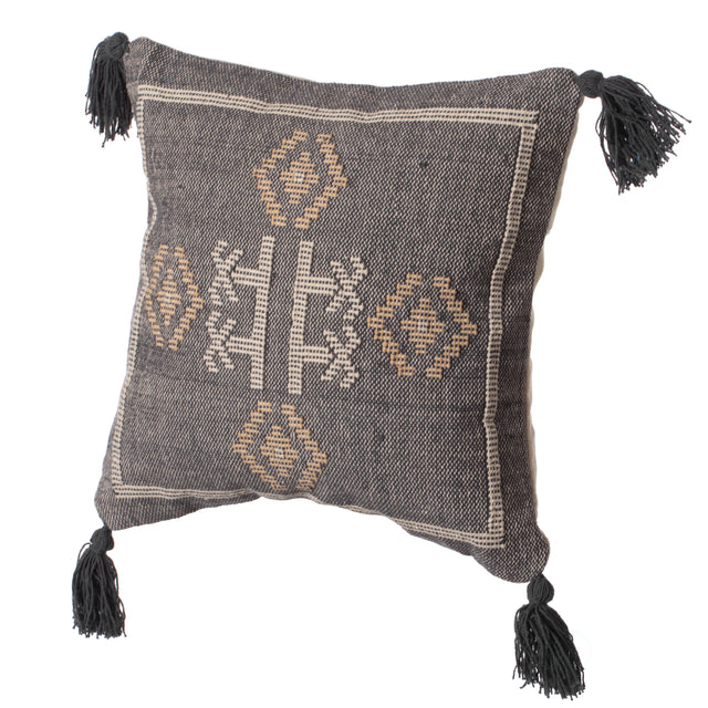 16" Handwoven Cotton Throw Pillow Cover with Tribal Aztec Design and Tassel Corners, Brown - LEHADAR