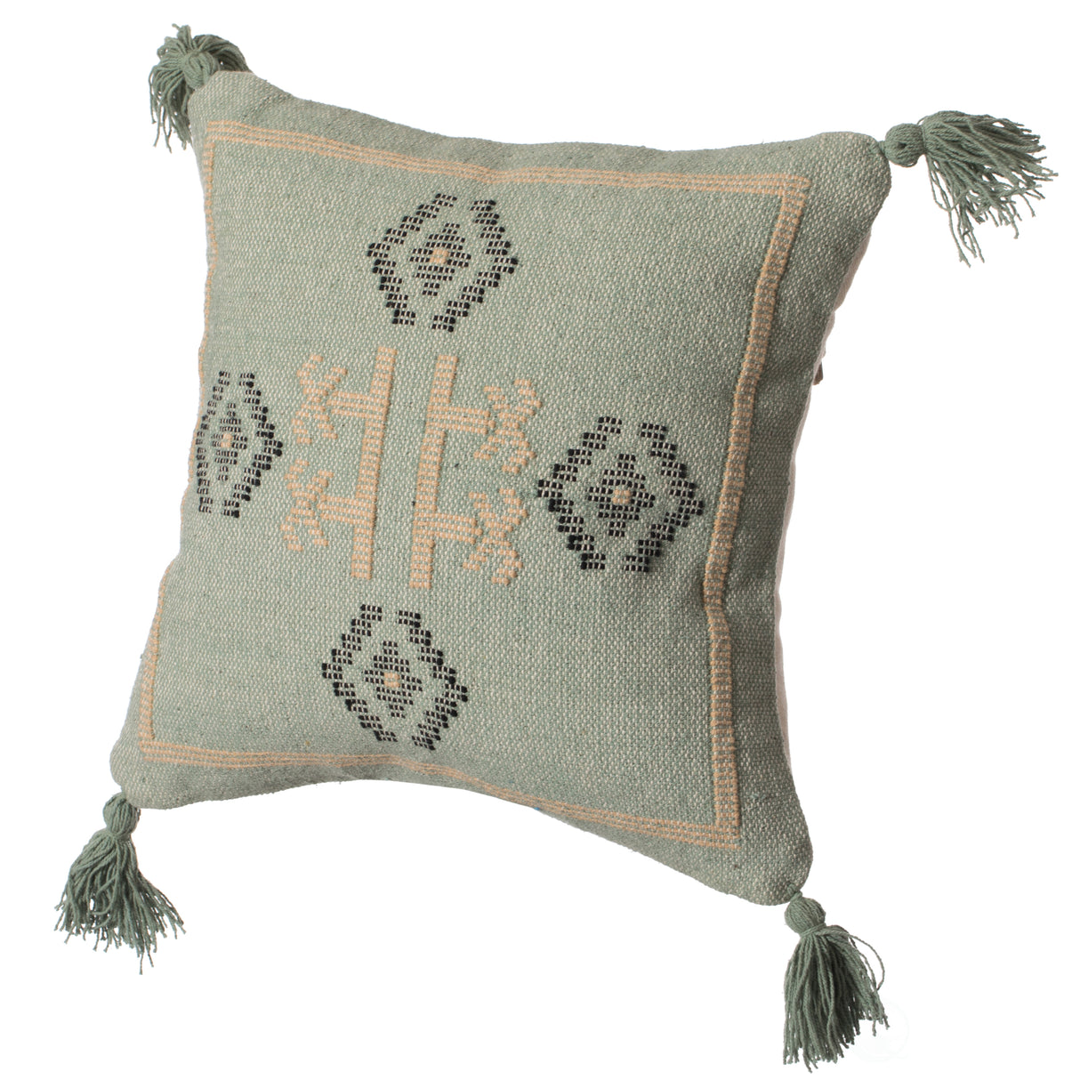 16" Handwoven Cotton Throw Pillow Cover with Tribal Aztec Design and Tassel Corners with Filler, Green - LEHADAR